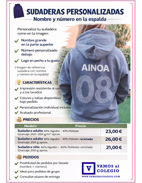 Sudadera o chaqueta personalizada con números y nombre – Graduación y despedidas